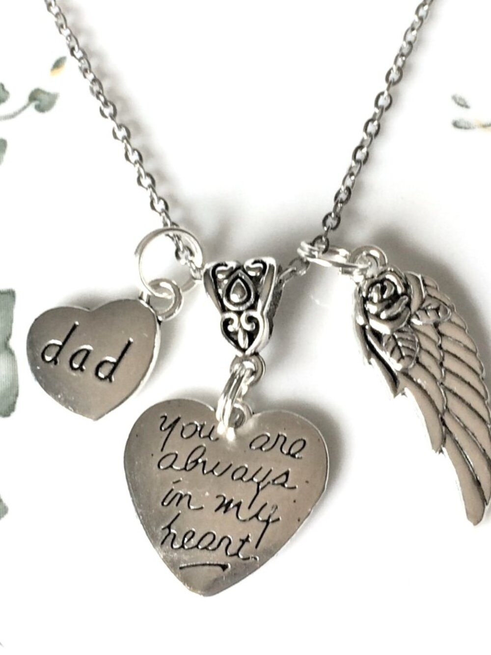 Dad Loss Memorial Necklace angel wing heart handmade